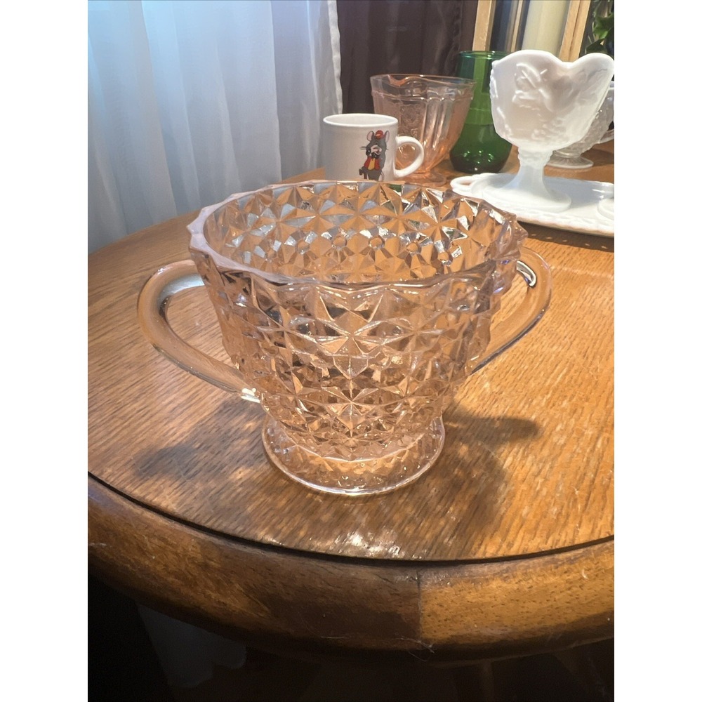 vintage pink depression glass double handle open sugar bowl